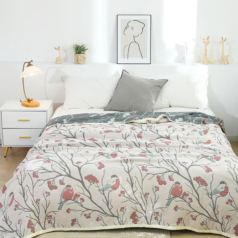 Hawthorn Tree Bird Quilt | 100% Organic Cotton | Reversible Design, Full/Queen Size