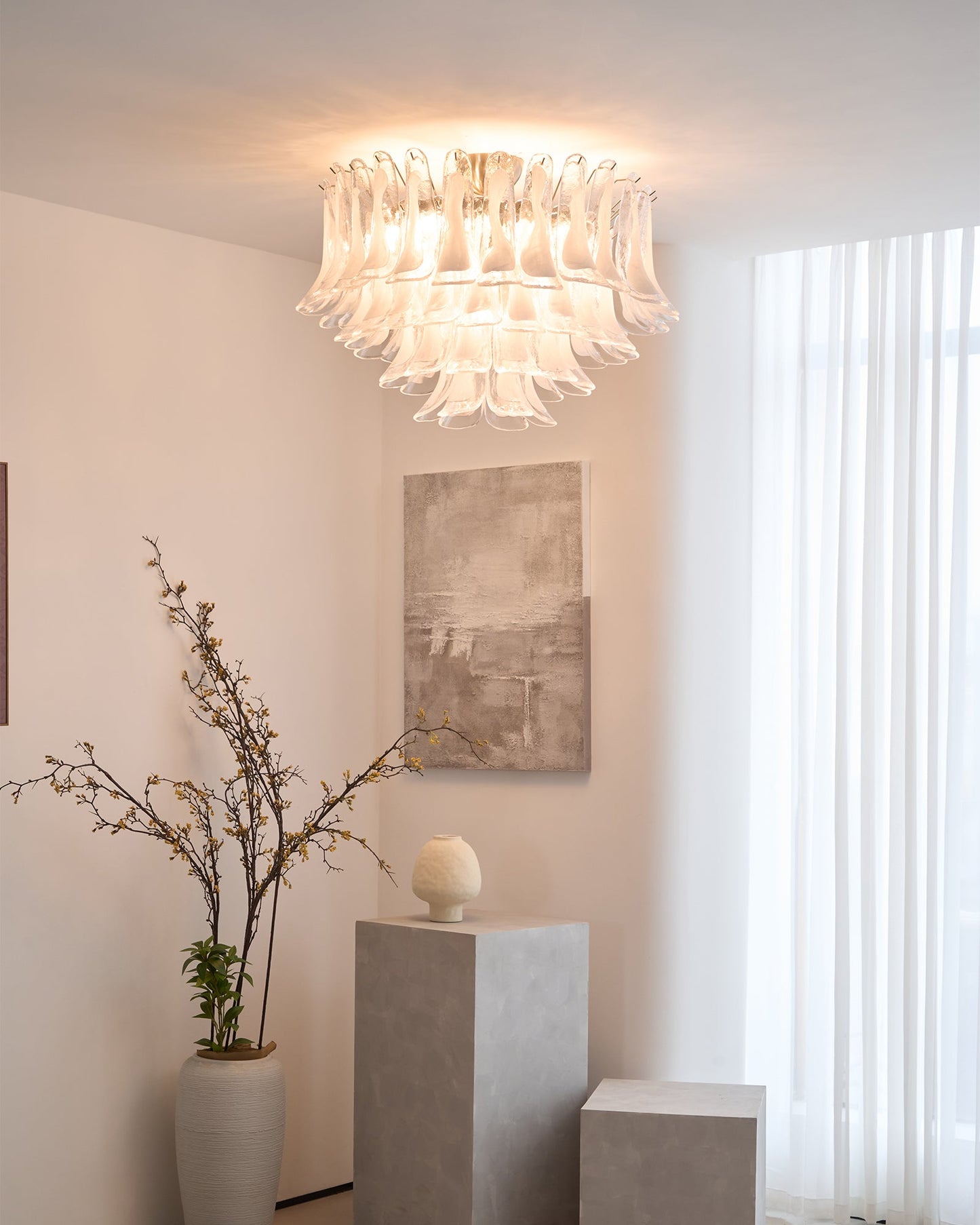 Murano Glass Ceiling Lamp | White & Clear Waves | 80cm Diameter