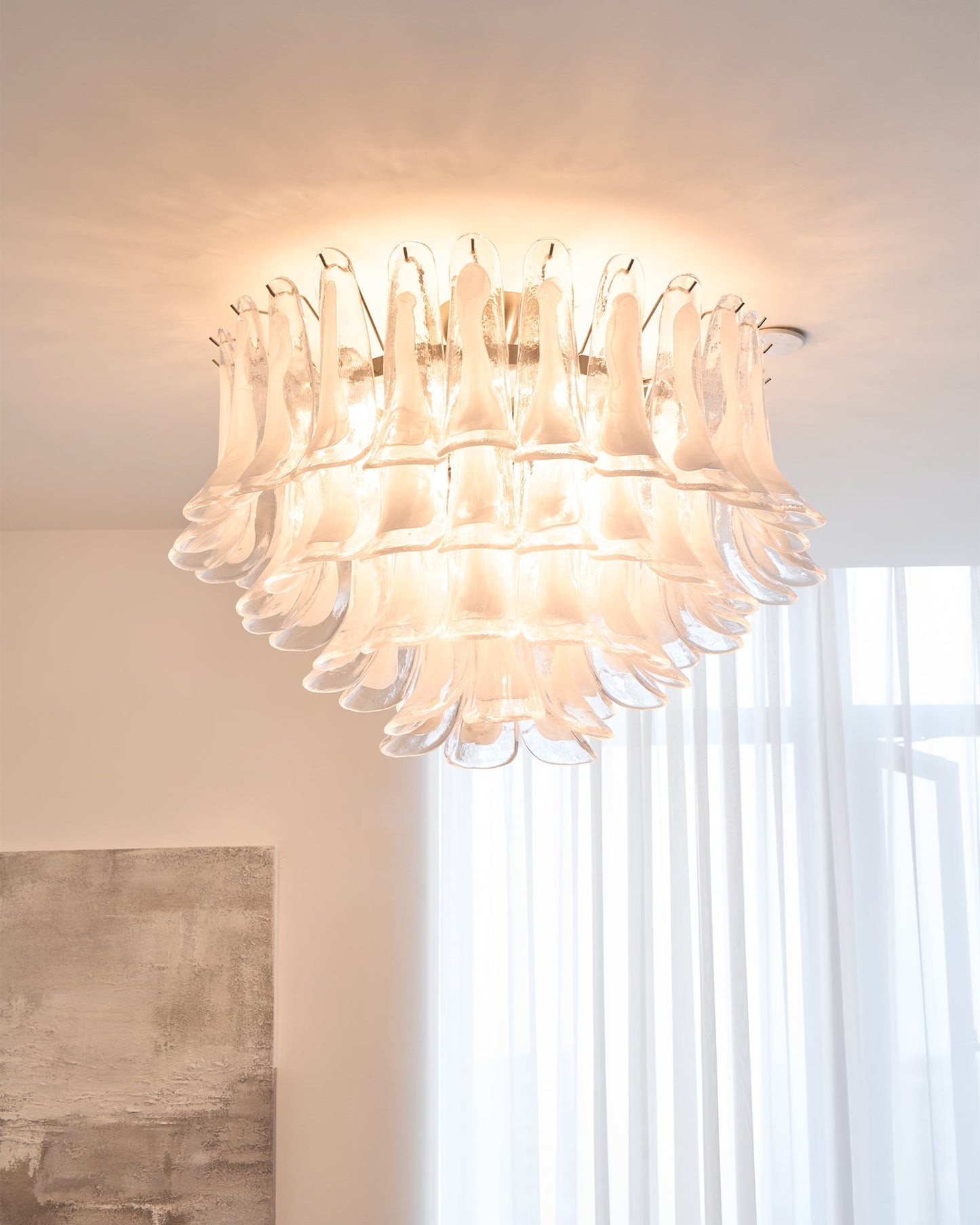 Murano Glass Ceiling Lamp | White & Clear Waves | 80cm Diameter