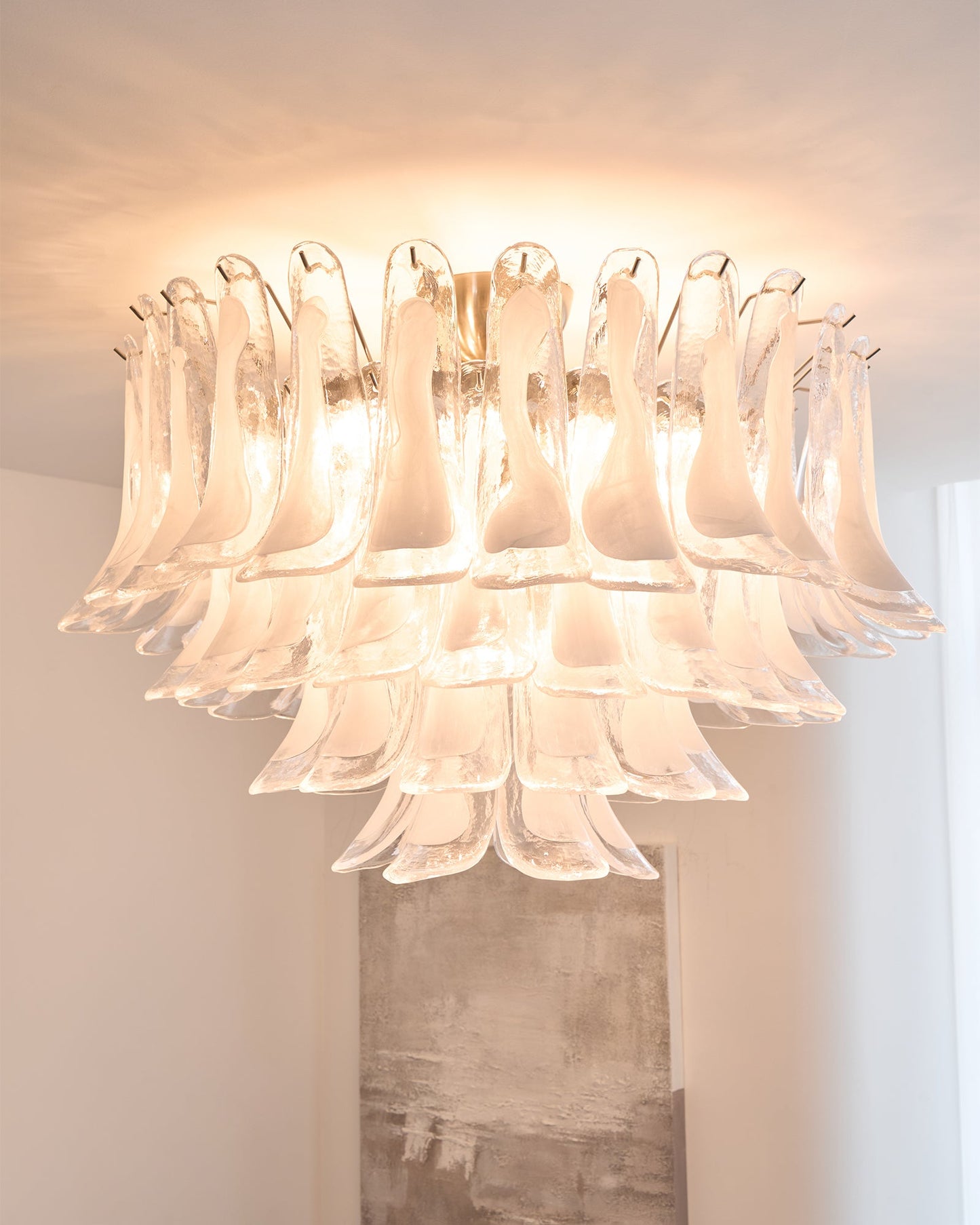 Murano Glass Ceiling Lamp | White & Clear Waves | 80cm Diameter