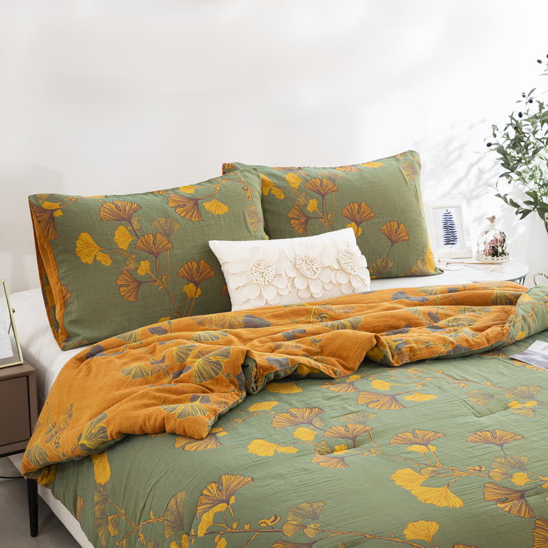 Rustic Ginkgo Leaf Bedding Set | 100% Organic Cotton | Includes Quilt & 2 Pillowcases
