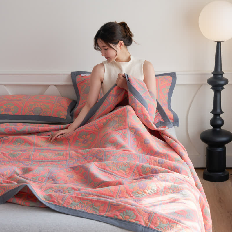 Jacquard Floral Cotton Quilt | 100% Organic Cotton | Reversible Design with Pillow Towels