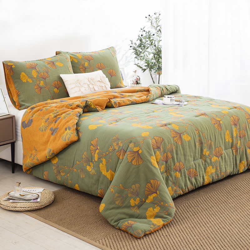 Rustic Ginkgo Leaf Bedding Set | 100% Organic Cotton | Includes Quilt & 2 Pillowcases