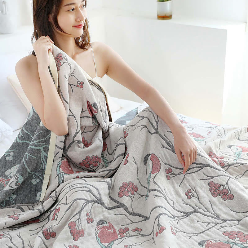 Hawthorn Tree Bird Quilt | 100% Organic Cotton | Reversible Design, Full/Queen Size