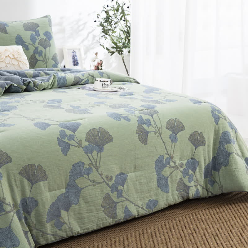 Rustic Ginkgo Leaf Bedding Set | 100% Organic Cotton | Includes Quilt & 2 Pillowcases