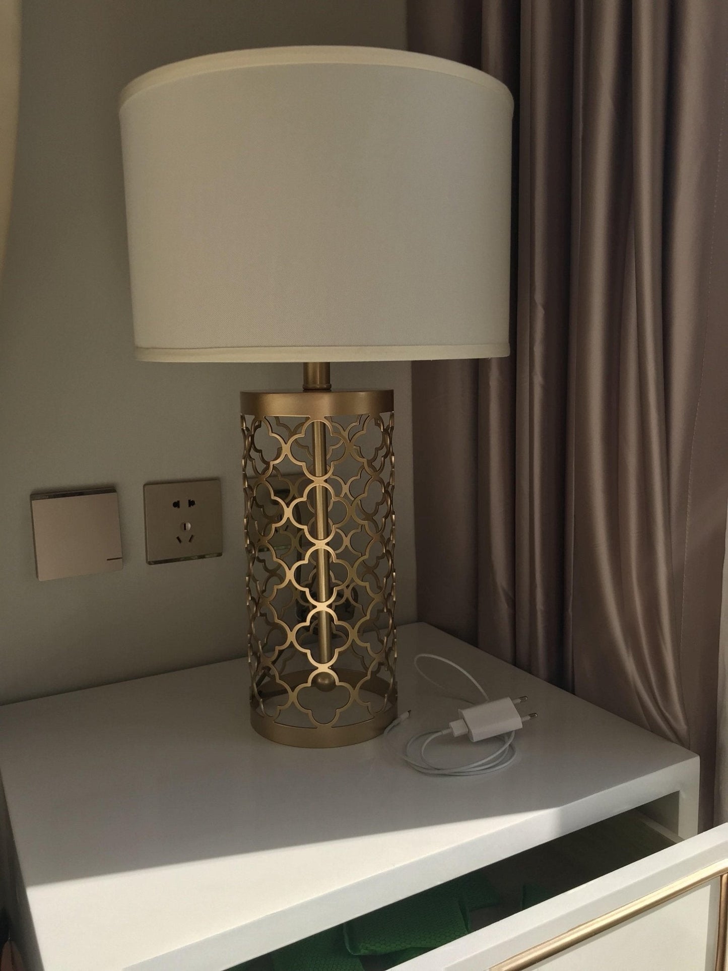 Openwork Table Lamp | Gold Metal Base | Satin Lampshade