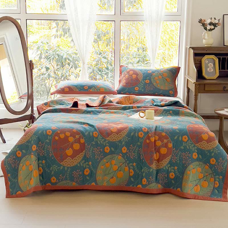 Persimmon Flower Cotton Quilt | Reversible Double-Sided | Full/Queen/King Sizes