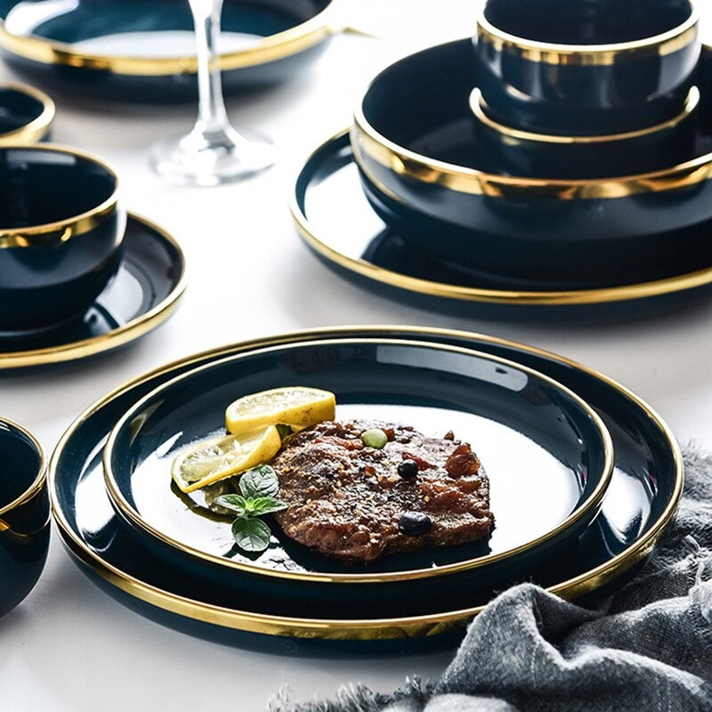 Oxford Blue Dinnerware Set | Fine Porcelain with Gold Rim | 4, 6, or 8 People
