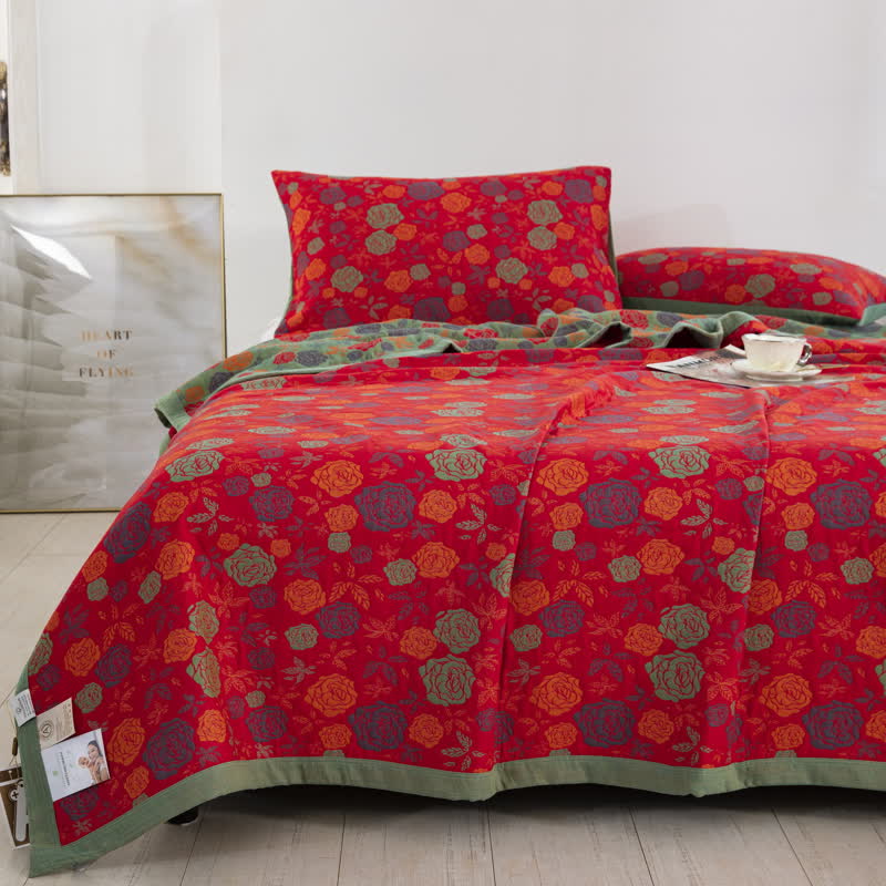 Elegant Rose Cotton Gauze Quilt Set | 100% Organic Cotton | Includes 1 Quilt + 2 Pillowcases