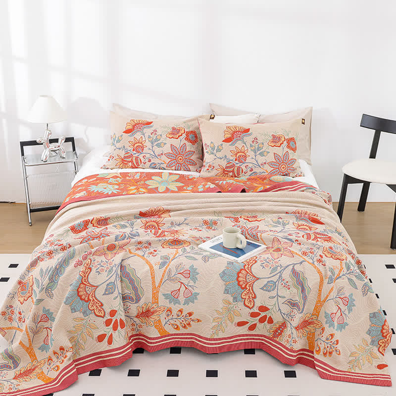 Rustic Floral Cotton Quilt Set | 100% Organic Cotton | King Size with 2 Pillowcases
