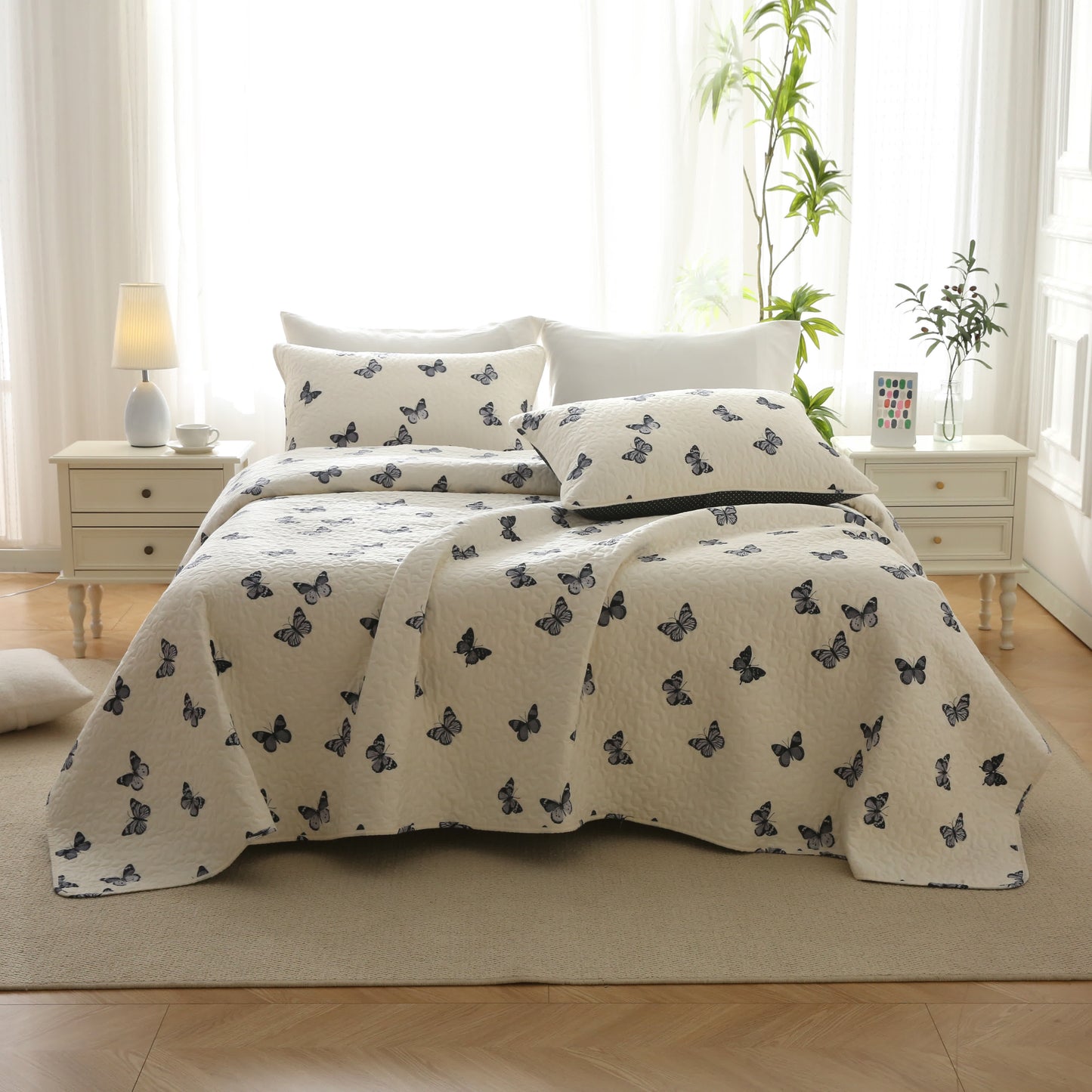 Cotton Quilted Bedding Set | Butterfly Print | Full/Queen/King Options
