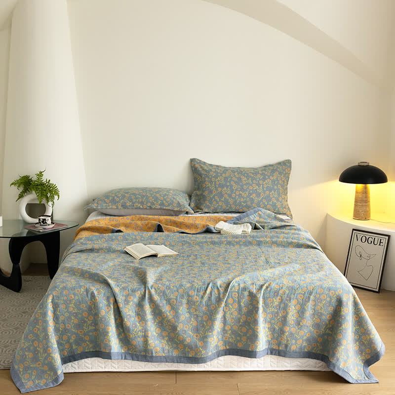 Cotton Floral Quilt Set | Soft Gauze | Includes 1 Quilt + 2 Pillowcases