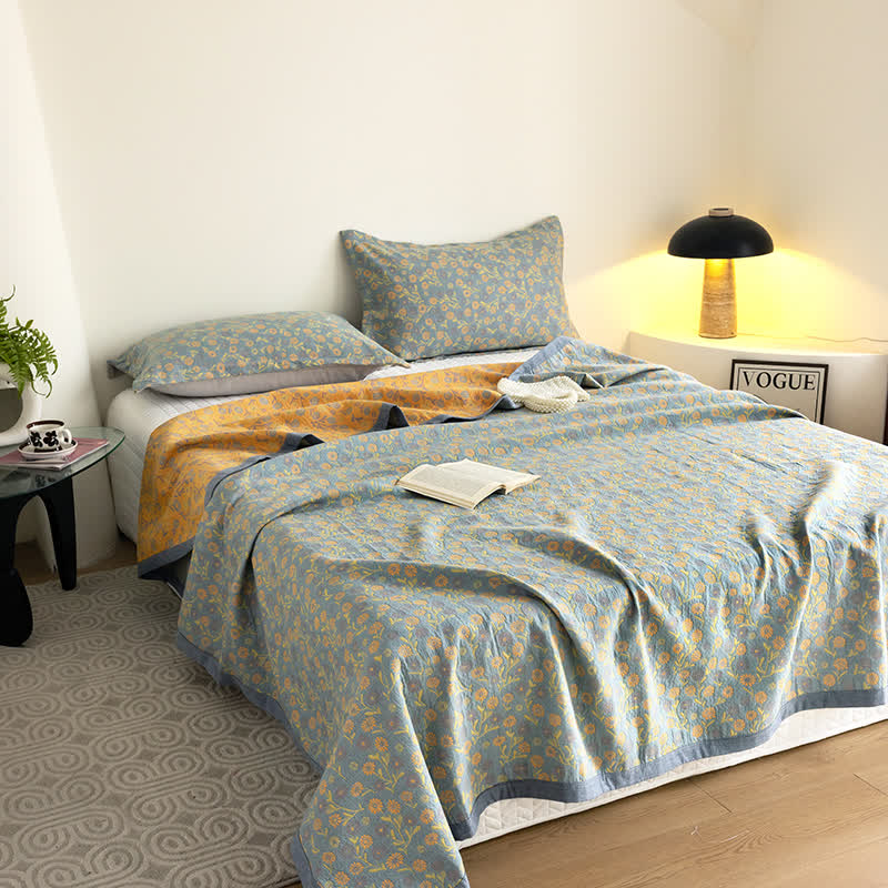 Cotton Floral Quilt Set | Soft Gauze | Includes 1 Quilt + 2 Pillowcases