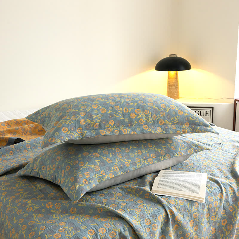 Cotton Floral Quilt Set | Soft Gauze | Includes 1 Quilt + 2 Pillowcases