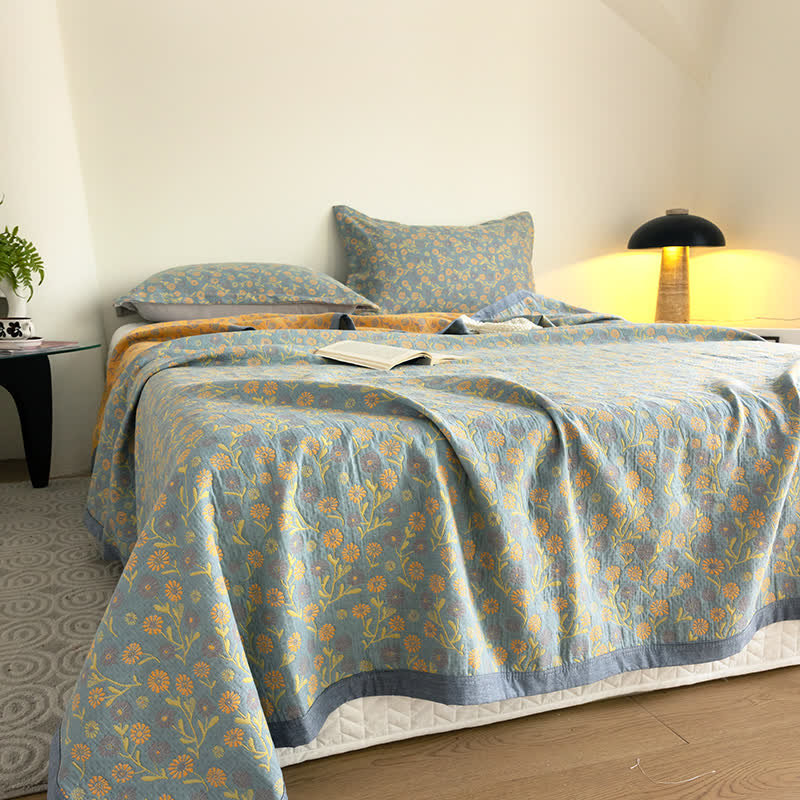 Cotton Floral Quilt Set | Soft Gauze | Includes 1 Quilt + 2 Pillowcases