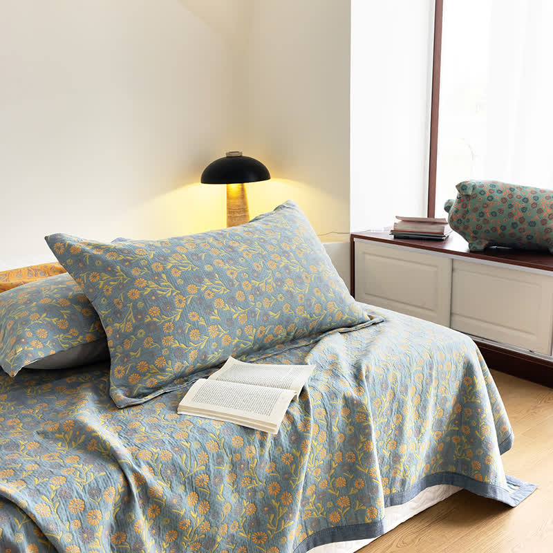 Cotton Floral Quilt Set | Soft Gauze | Includes 1 Quilt + 2 Pillowcases