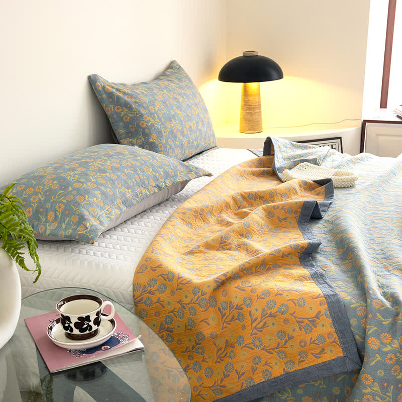 Cotton Floral Quilt Set | Soft Gauze | Includes 1 Quilt + 2 Pillowcases