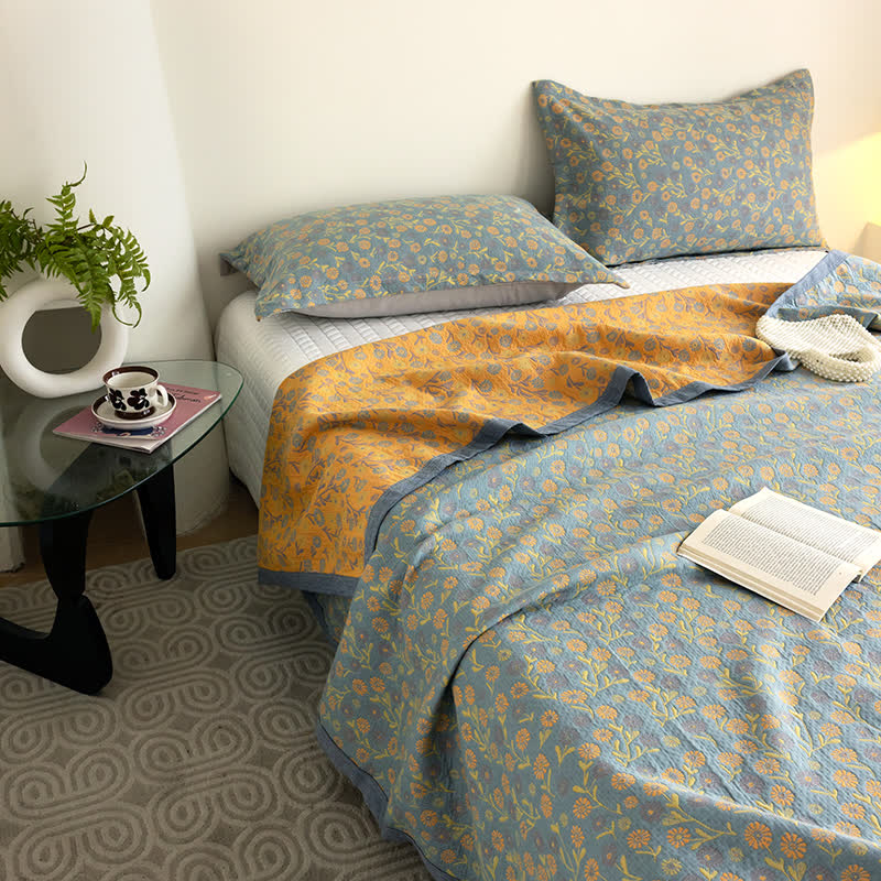 Cotton Floral Quilt Set | Soft Gauze | Includes 1 Quilt + 2 Pillowcases