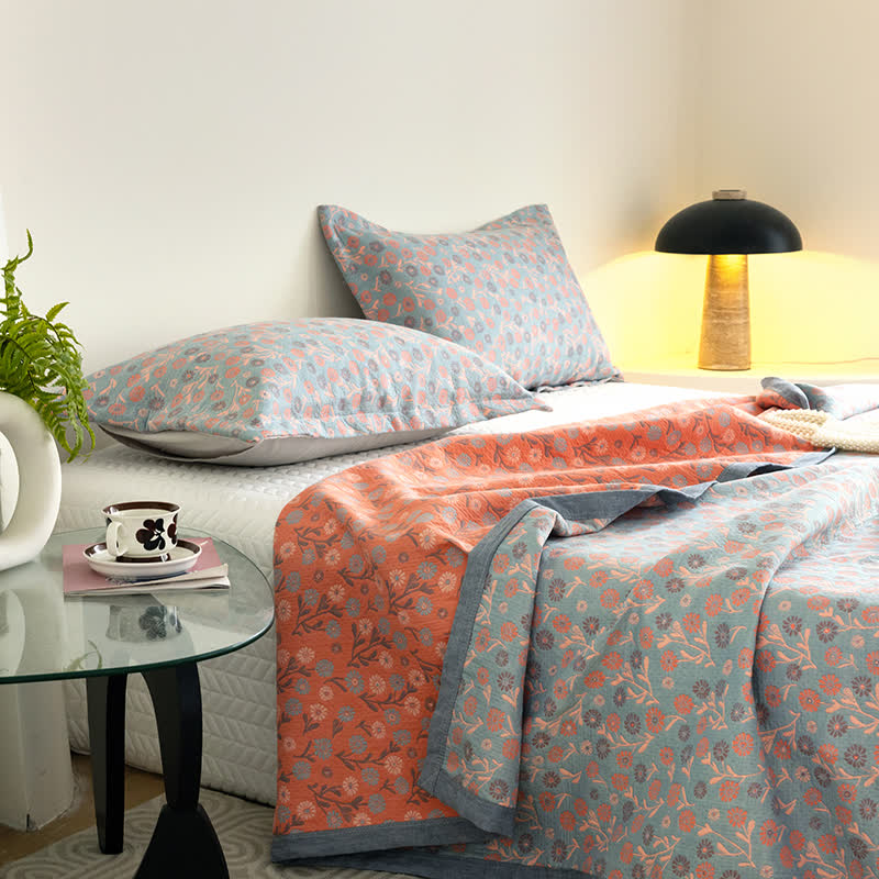 Cotton Floral Quilt Set | Soft Gauze | Includes 1 Quilt + 2 Pillowcases