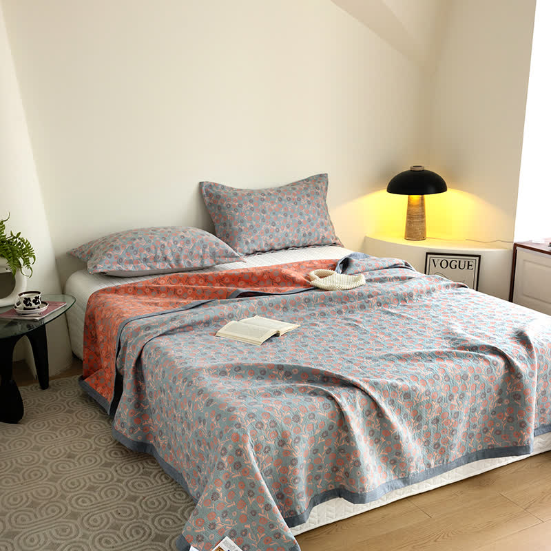Cotton Floral Quilt Set | Soft Gauze | Includes 1 Quilt + 2 Pillowcases