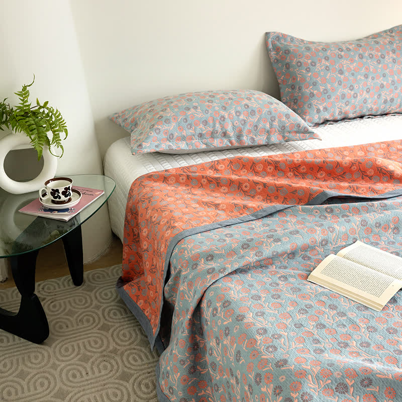 Cotton Floral Quilt Set | Soft Gauze | Includes 1 Quilt + 2 Pillowcases