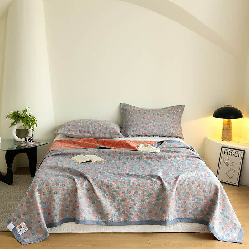 Cotton Floral Quilt Set | Soft Gauze | Includes 1 Quilt + 2 Pillowcases