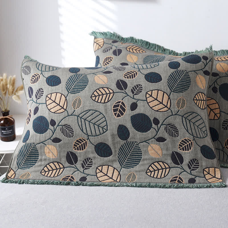 Cotton Gauze Pillow Towels | Leaf Pattern | Set of 2