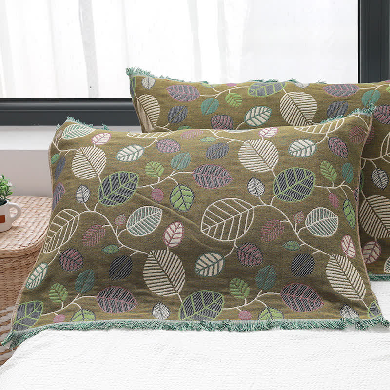 Cotton Gauze Pillow Towels | Leaf Pattern | Set of 2