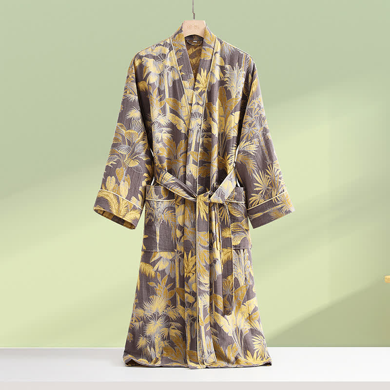 Tropical Leaf Bathrobe | Lightweight Cotton Gauze | Soft & Breathable