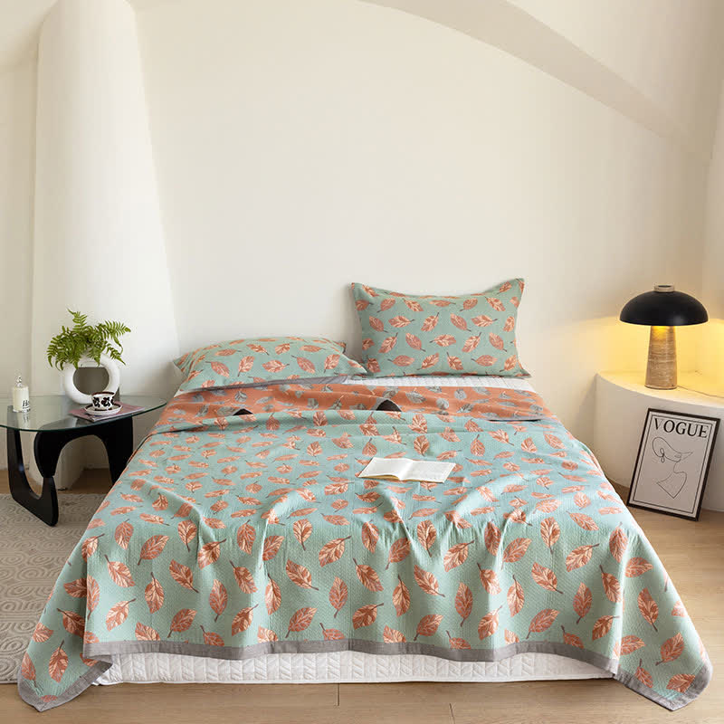 Pure Cotton Leaf Print Quilt | Soft Gauze Fabric | Queen Size with Pillowcases