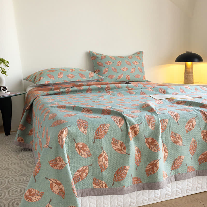 Pure Cotton Leaf Print Quilt | Soft Gauze Fabric | Queen Size with Pillowcases