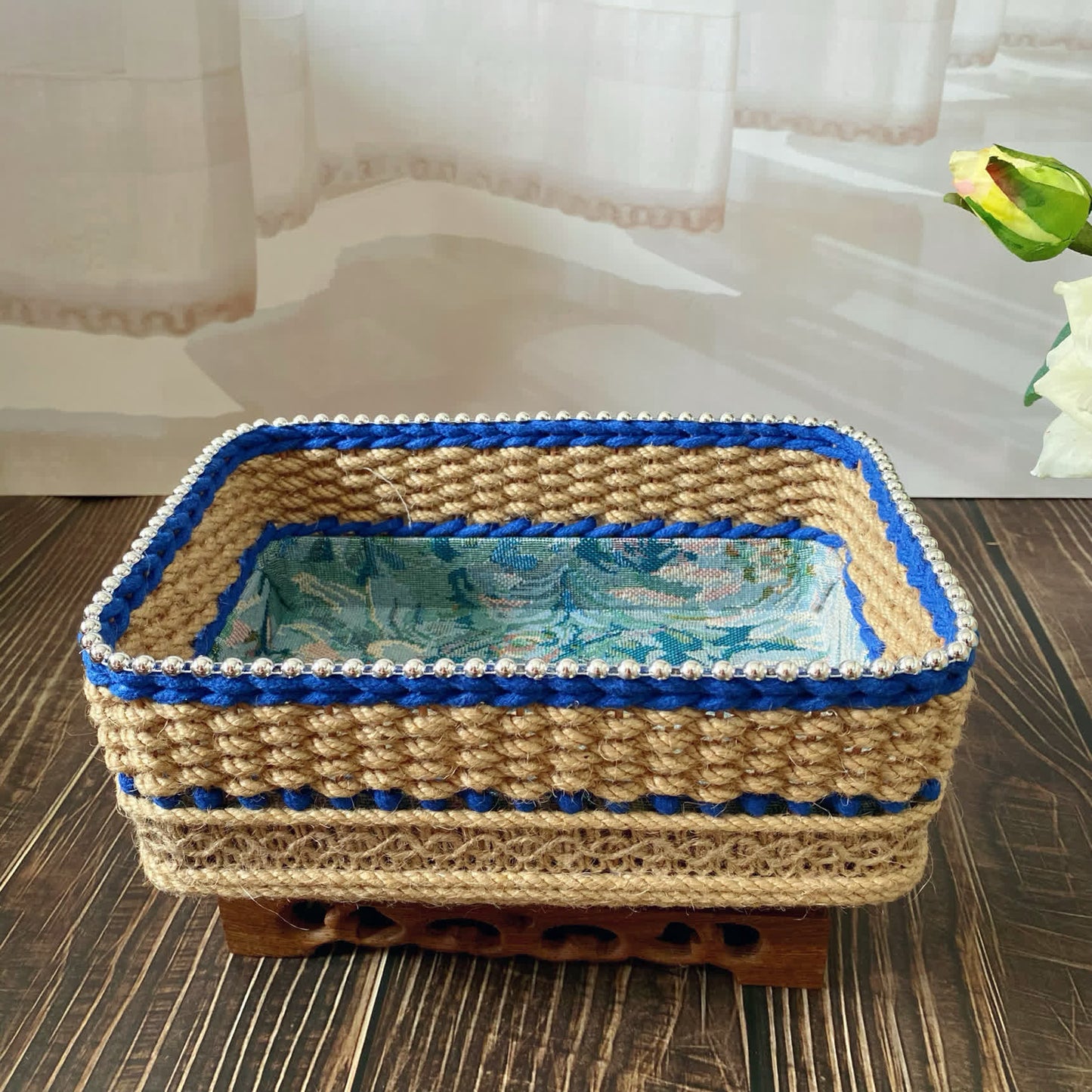 Vintage Floral Hand-woven Storage Basket | Hemp Rope | Set of 2