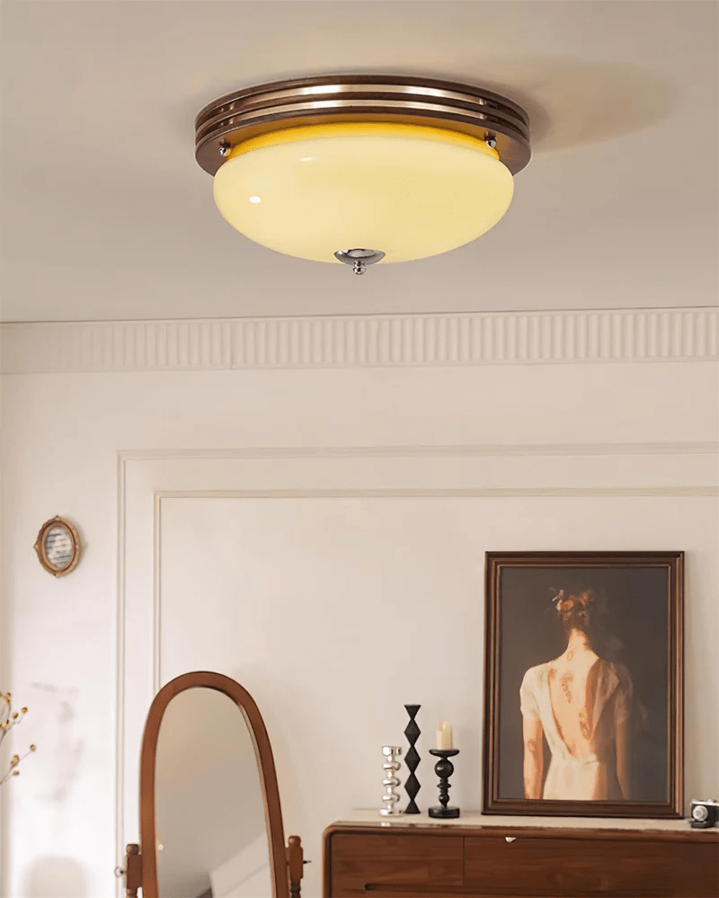 Ceiling Light Fixture | Wood-Grain Metal & Frosted Glass | 40cm Diameter