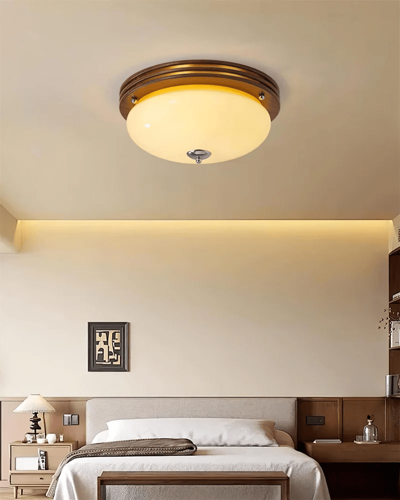 Ceiling Light Fixture | Wood-Grain Metal & Frosted Glass | 40cm Diameter