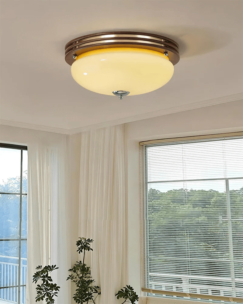 Ceiling Light Fixture | Wood-Grain Metal & Frosted Glass | 40cm Diameter