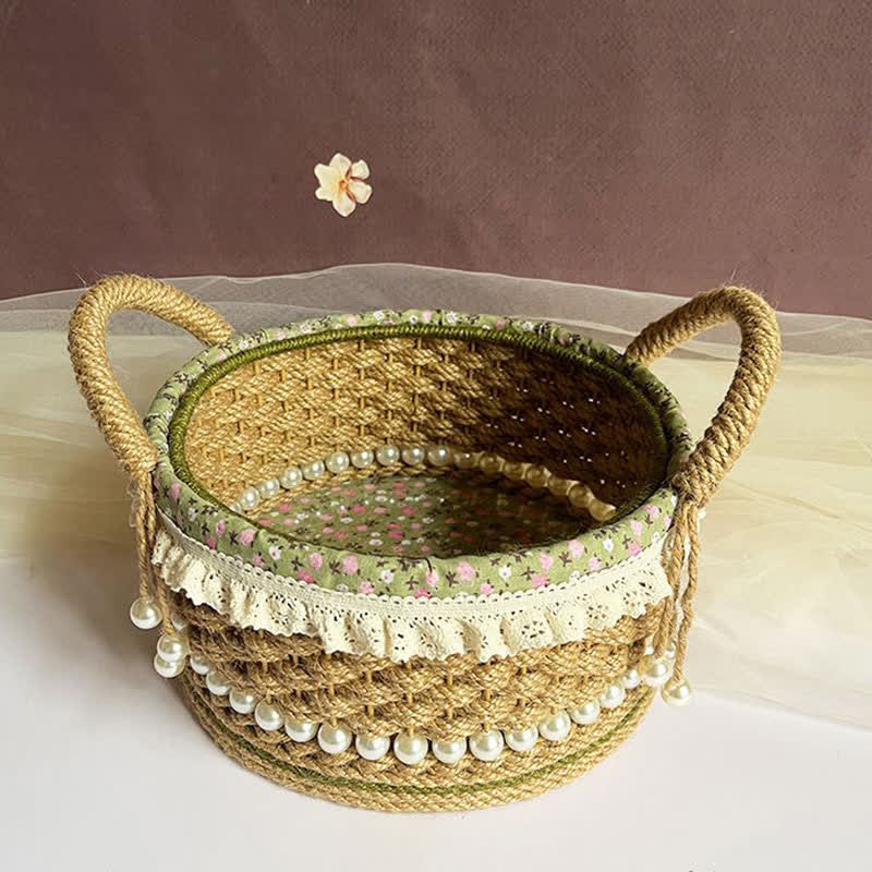 Hand-Woven Storage Basket | Jute Rope with Floral Lace | 9.84" x 9.84" x 4.33"