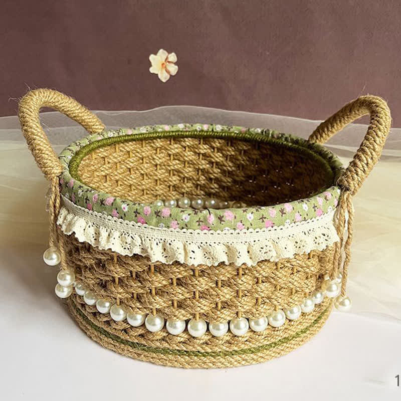 Hand-Woven Storage Basket | Jute Rope with Floral Lace | 9.84" x 9.84" x 4.33"