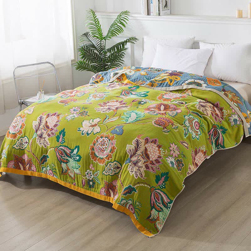 Colorful Floral Cotton Gauze Quilt | Breathable Reversible Design | Full/Queen Size