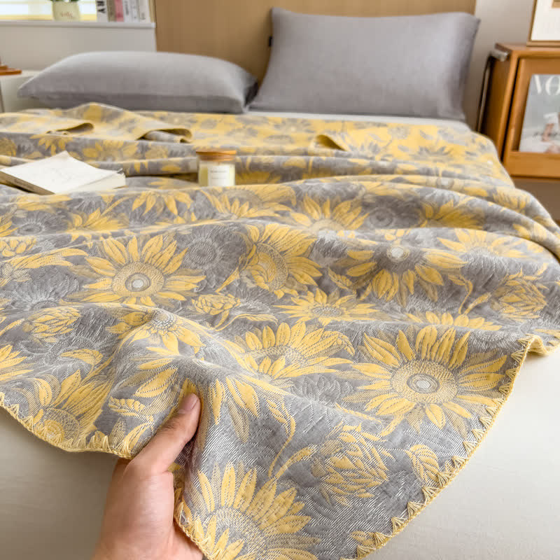 Sunflower Print Cotton Coverlet | Reversible Design | Twin, Full, Queen Sizes