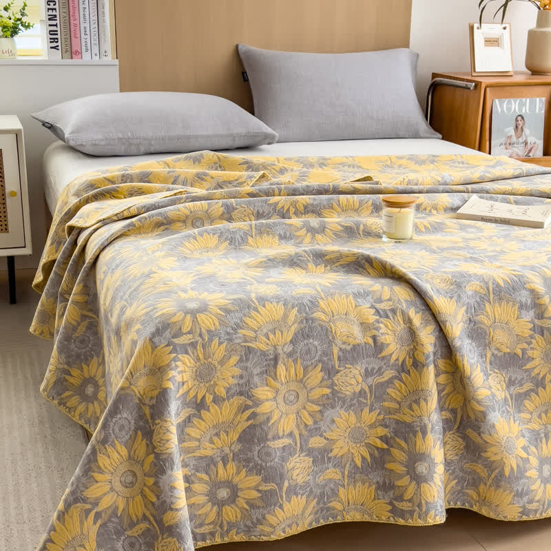 Sunflower Print Cotton Coverlet | Reversible Design | Twin, Full, Queen Sizes