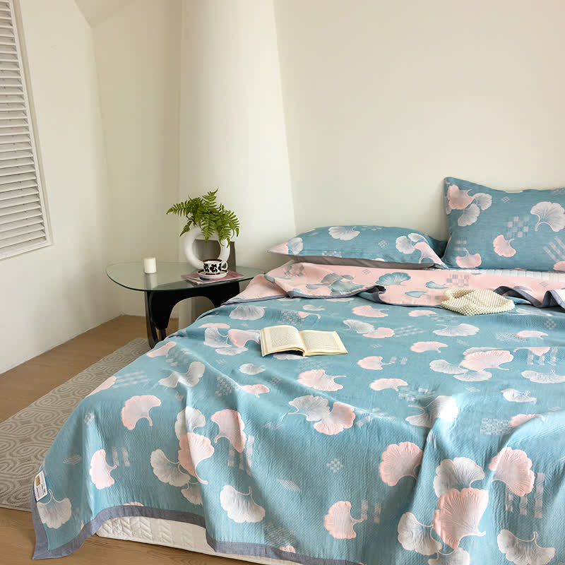 Ginkgo Leaf Quilt | 100% Organic Cotton | Reversible, Three Layers