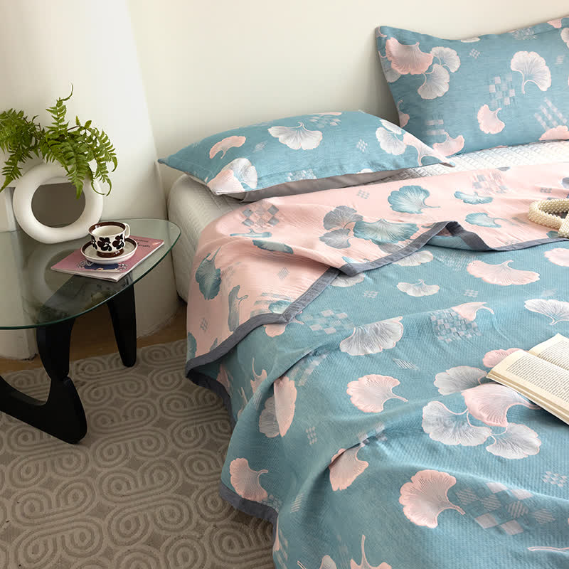 Ginkgo Leaf Quilt | 100% Organic Cotton | Reversible, Three Layers