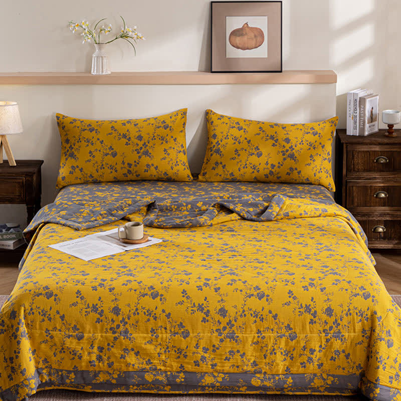 Floral Cotton Summer Quilt | Double-Layer Design | Yellow | Twin, Full, Queen, King Sizes
