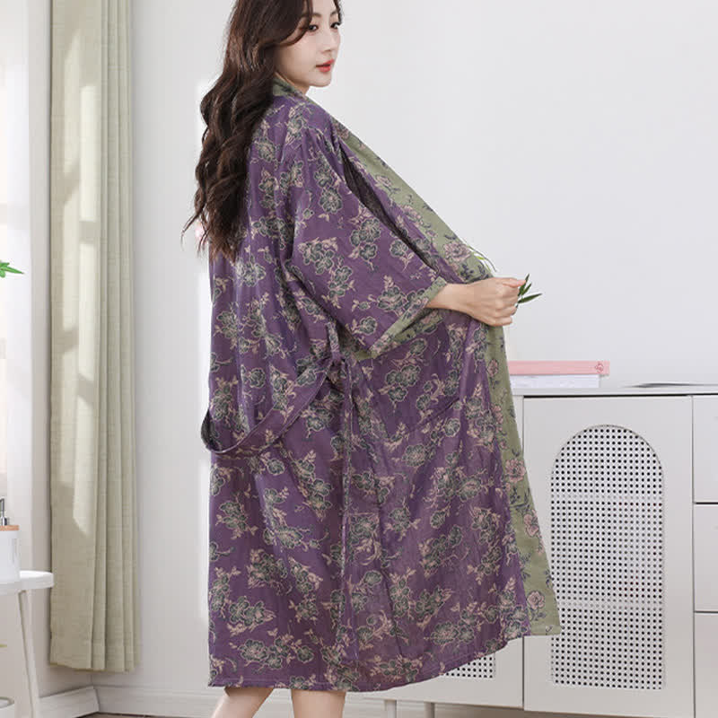 Cotton Gauze Bathrobe | Purple Floral Print | Double-Layer