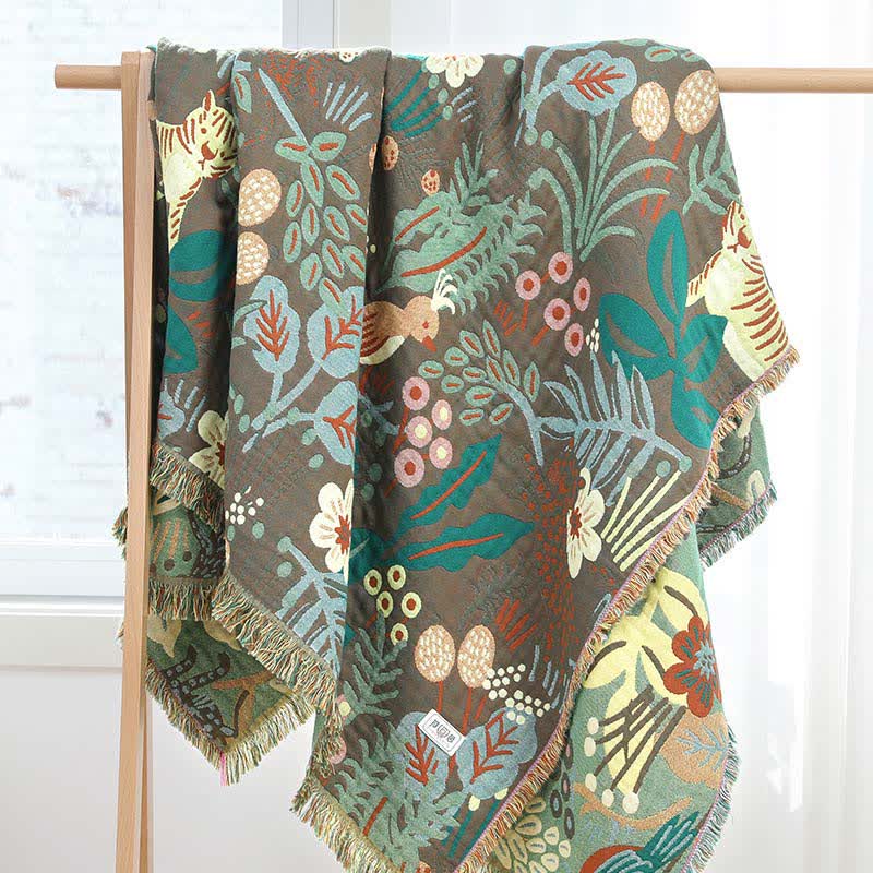 Cotton Gauze Blanket | Reversible Forest Tiger Design | 59" x 79"