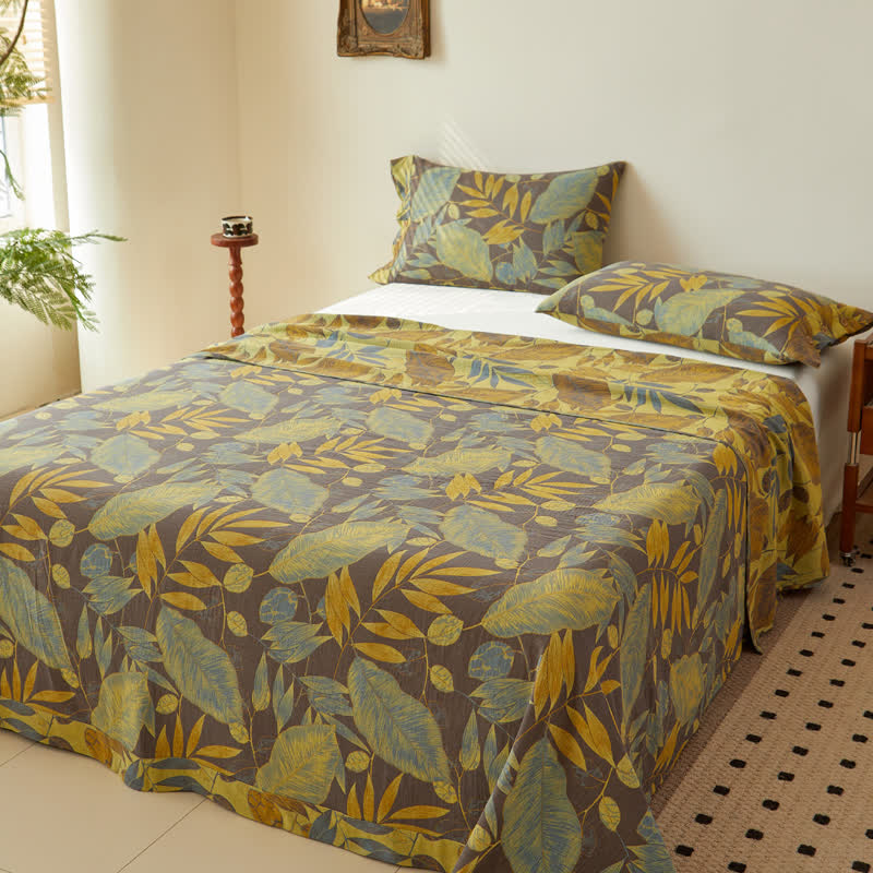 Cotton Reversible Coverlet | Leaf Jacquard Pattern | Multiple Sizes