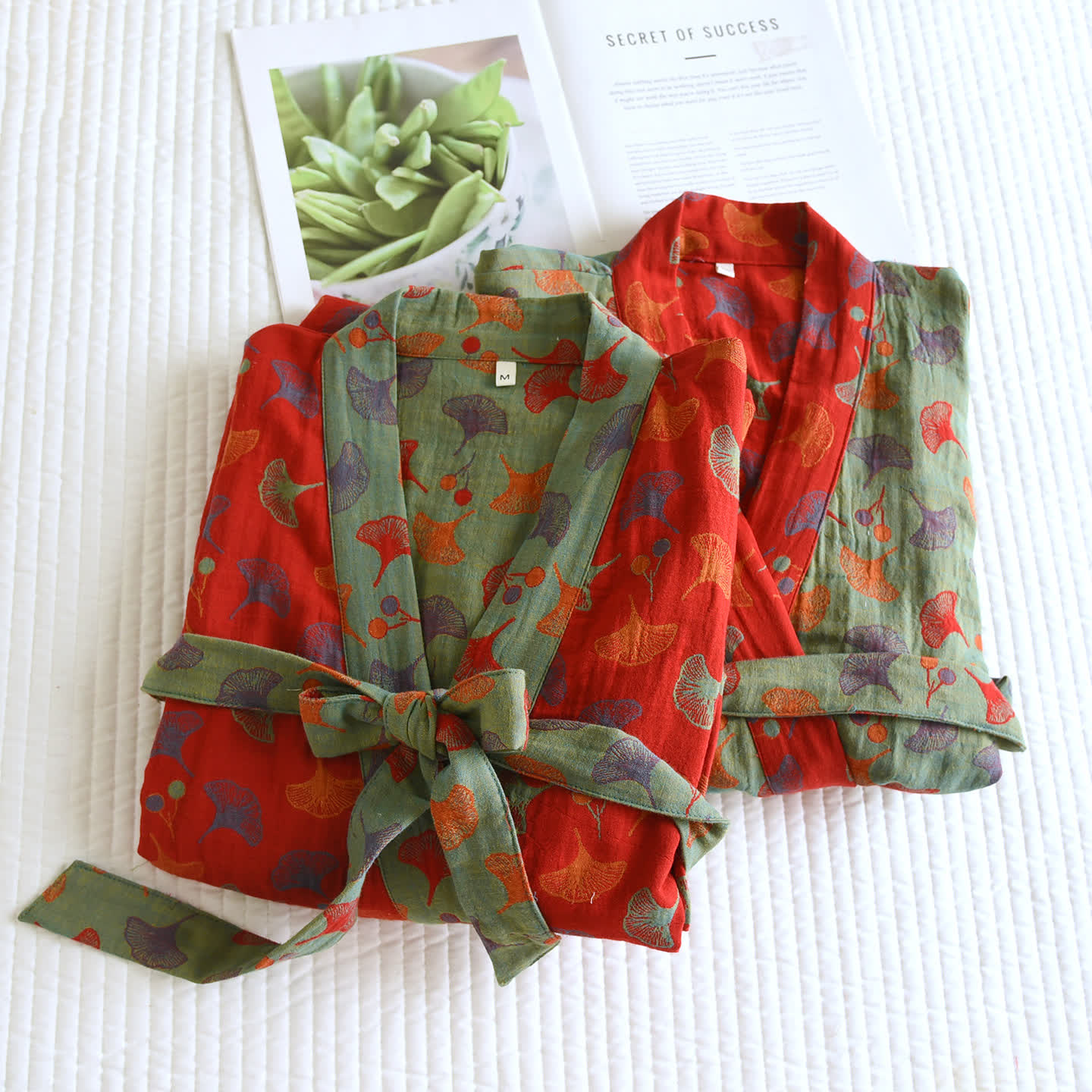 Cotton Bathrobe | Ginkgo Leaf Print | Soft and Breathable