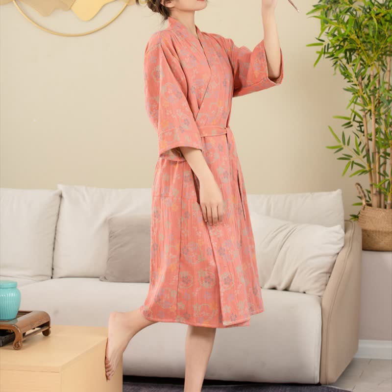 Floral Cotton Bathrobe | Double-layer Gauze | Soft and Breathable