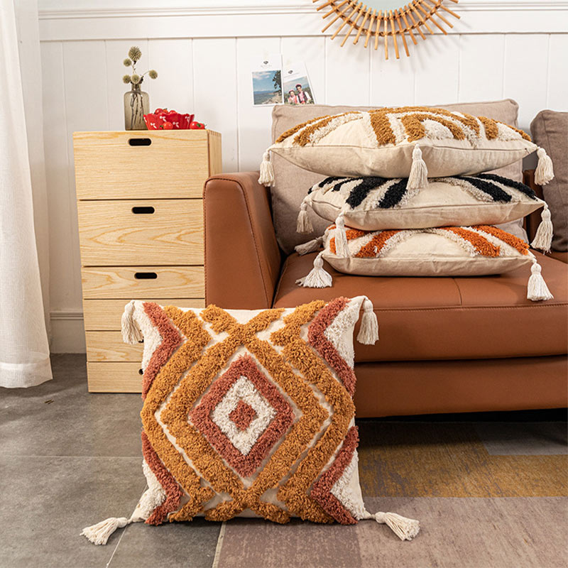 Morocco Jacquard Pillow Cover | Cotton with Tassels | Neutral Color