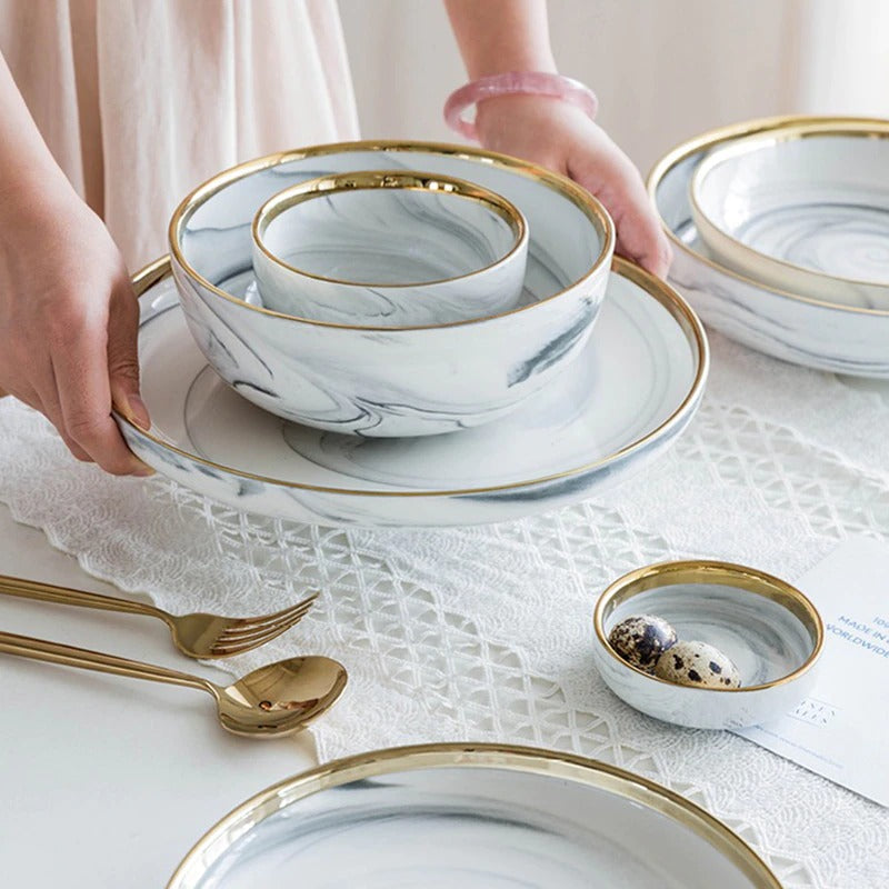 Catalina Dinnerware Set | White Marble Porcelain | 4, 6, or 8 Person Set